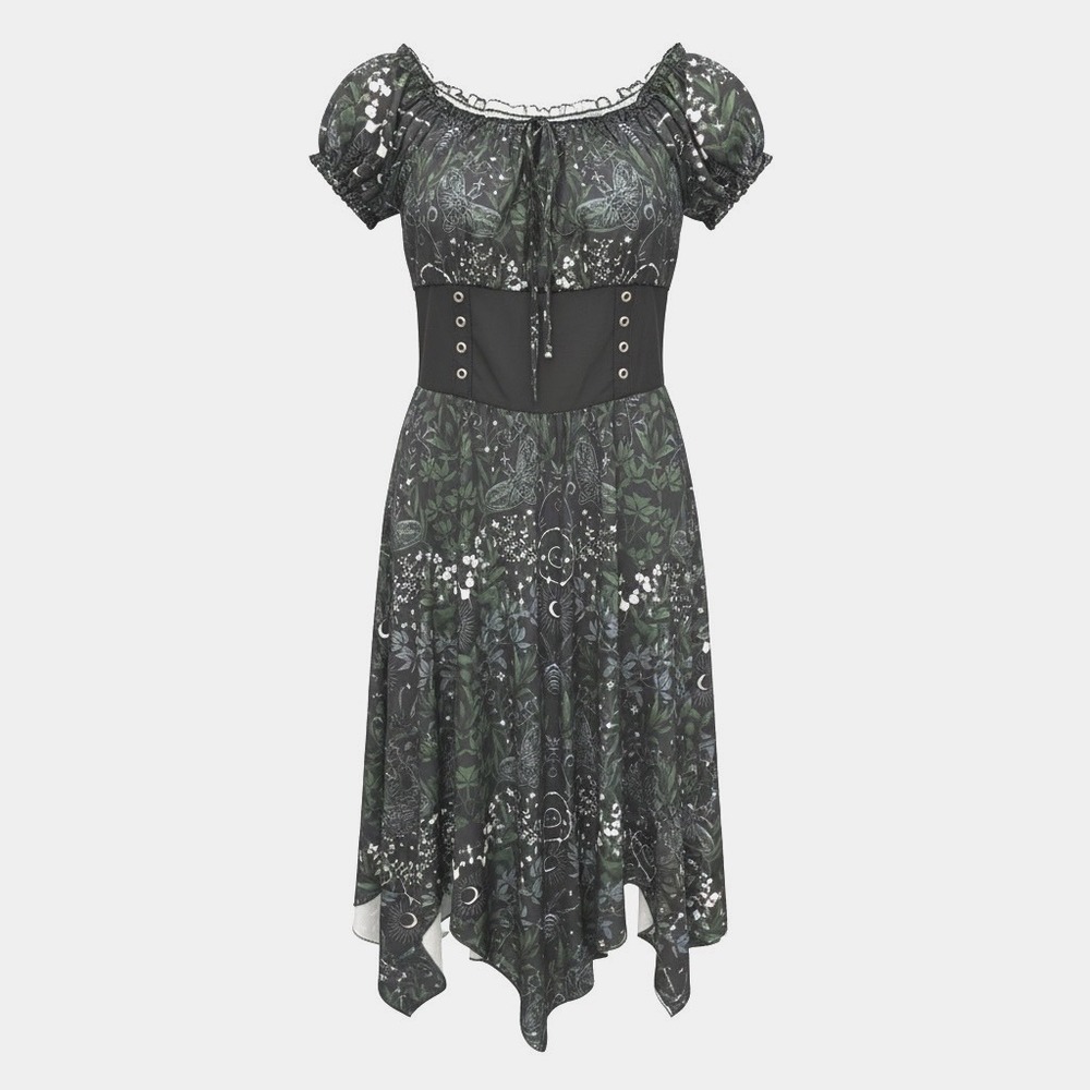 Romwe Gothic Celestial Moth Moon Milkmaid Dress Handkerchief Hem Black Green L